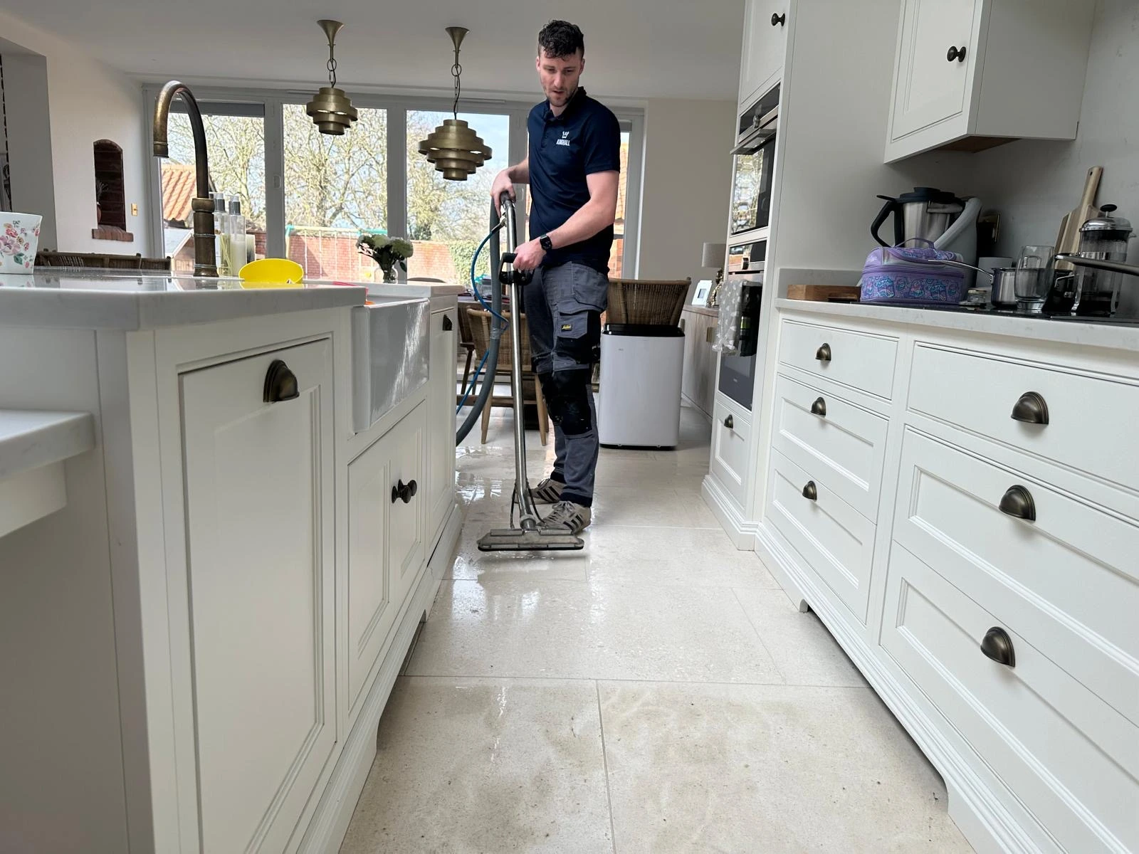 Professional hard floor cleaning using rotary machine and CRB equipment